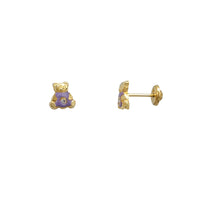 Zirconia Enameled Purple Teddy Bear Stud Earrings (14K)