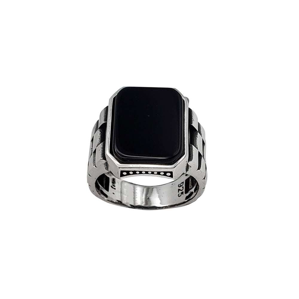 Antique-Finish Rectangle Black Onyx Men's Ring (Silver)
