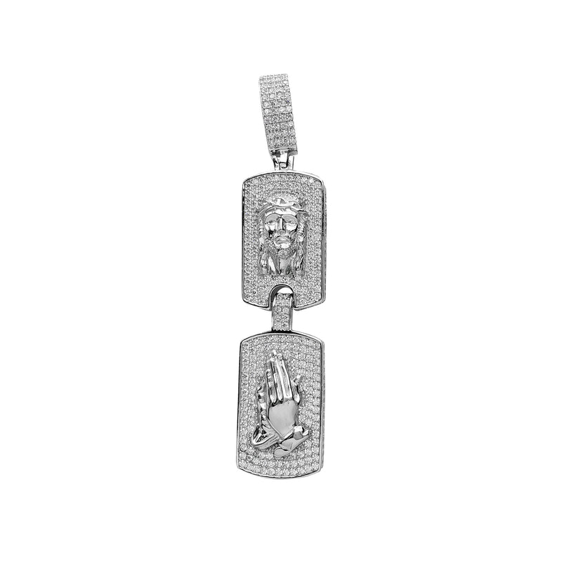 Iced-Out Jesus Head & Praying Hands Dog/Military Tag Pendant (Silver)