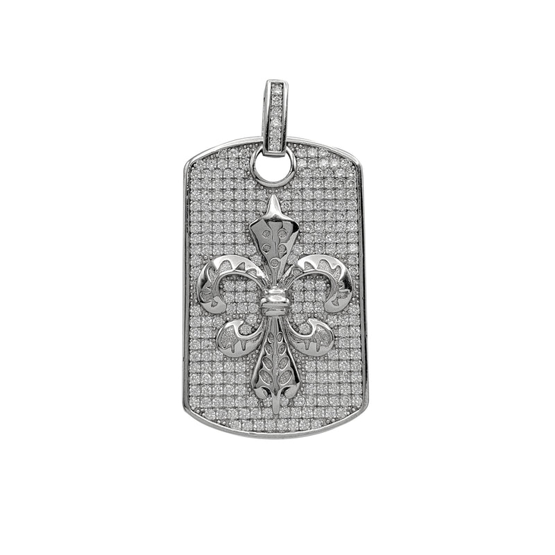 Iced-Out Round Fleur de Lis Dog/Military Tag Pendant (Silver)