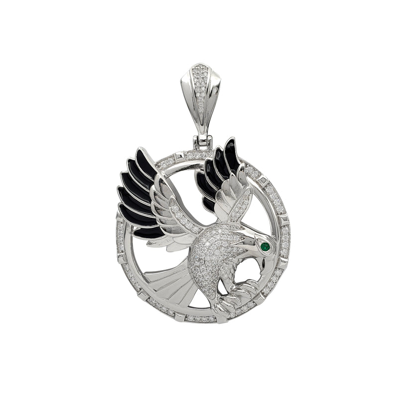 Iced-out Halo Green-Eye Flying Eagle Pendant (Silver)