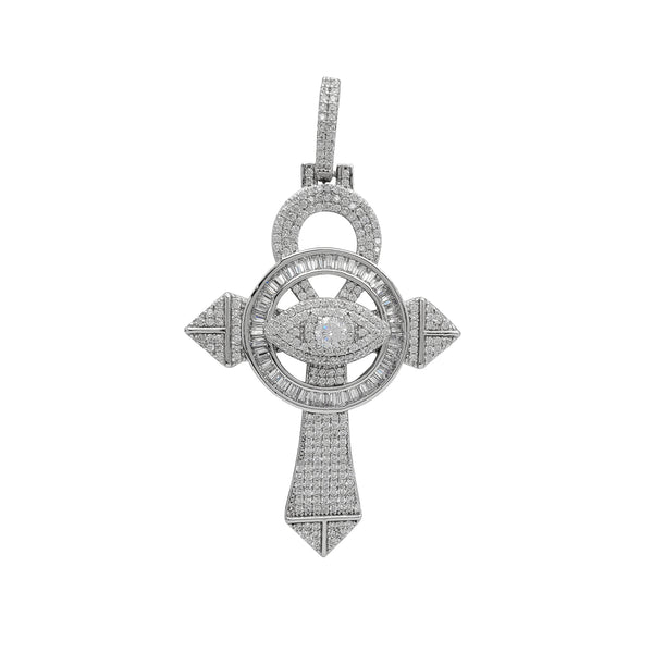 Iced-out Halo Evil Eyes & Ankh Cross Pendant (Silver)