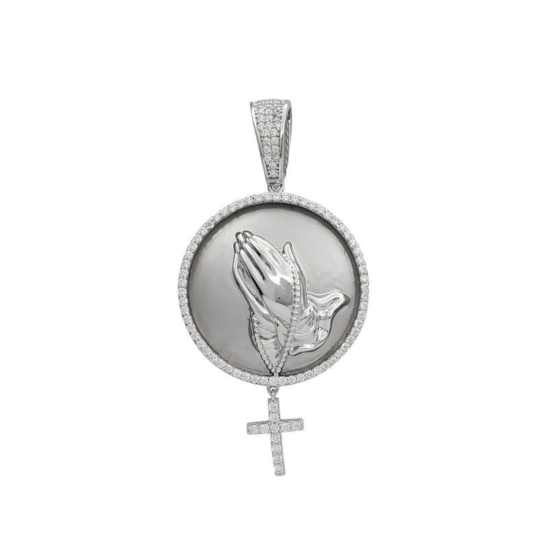 Zirconia Praying Hands & Dangling Cross Pendant (Silver)
