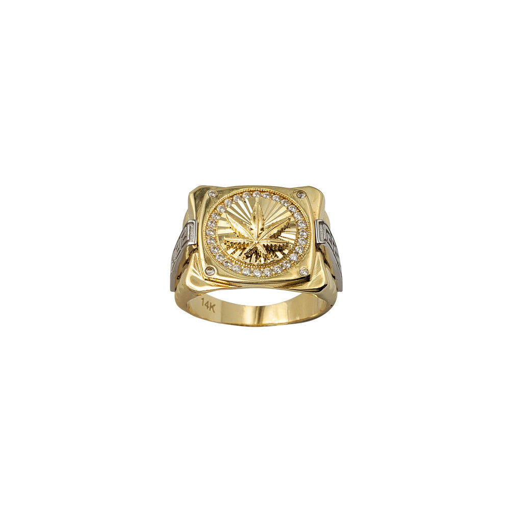 Zirconia Greek Key Fluted Signet Cannabis Ring (14K)