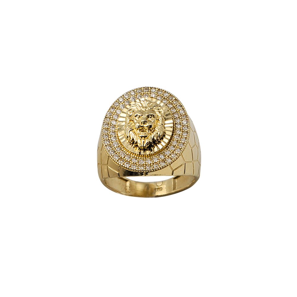 Cobbled Band Iced-Out Halo Lion Ring (14K)