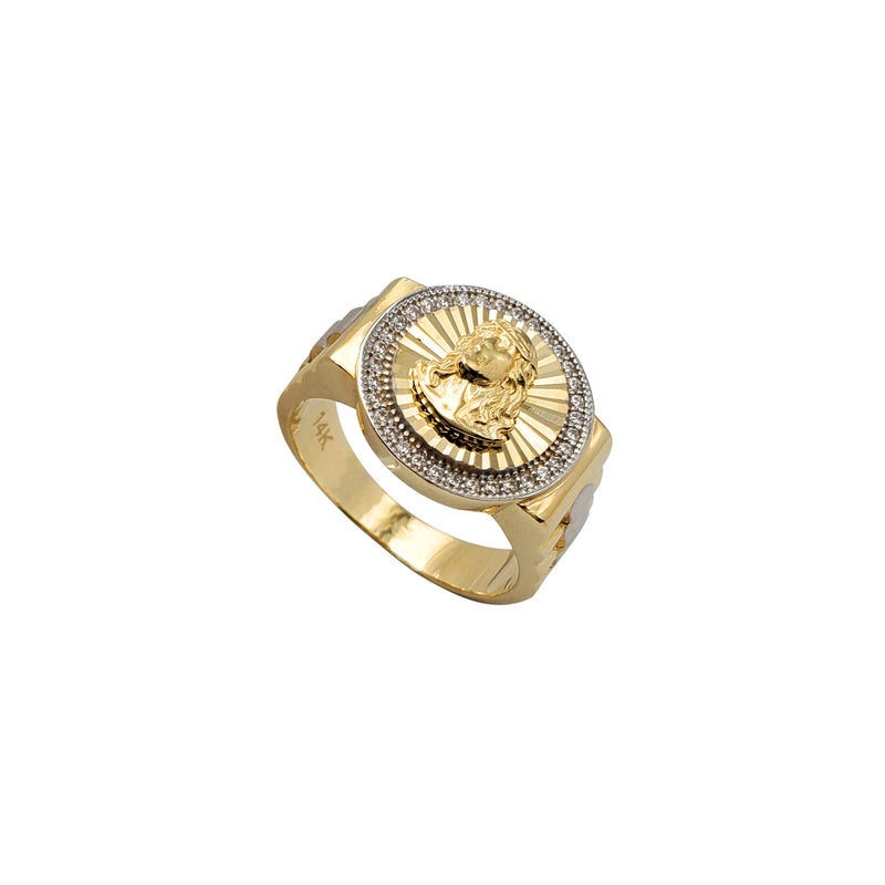 Zirconia Two-Tone Fluted Signet Jesus Emblem Ring (14K)