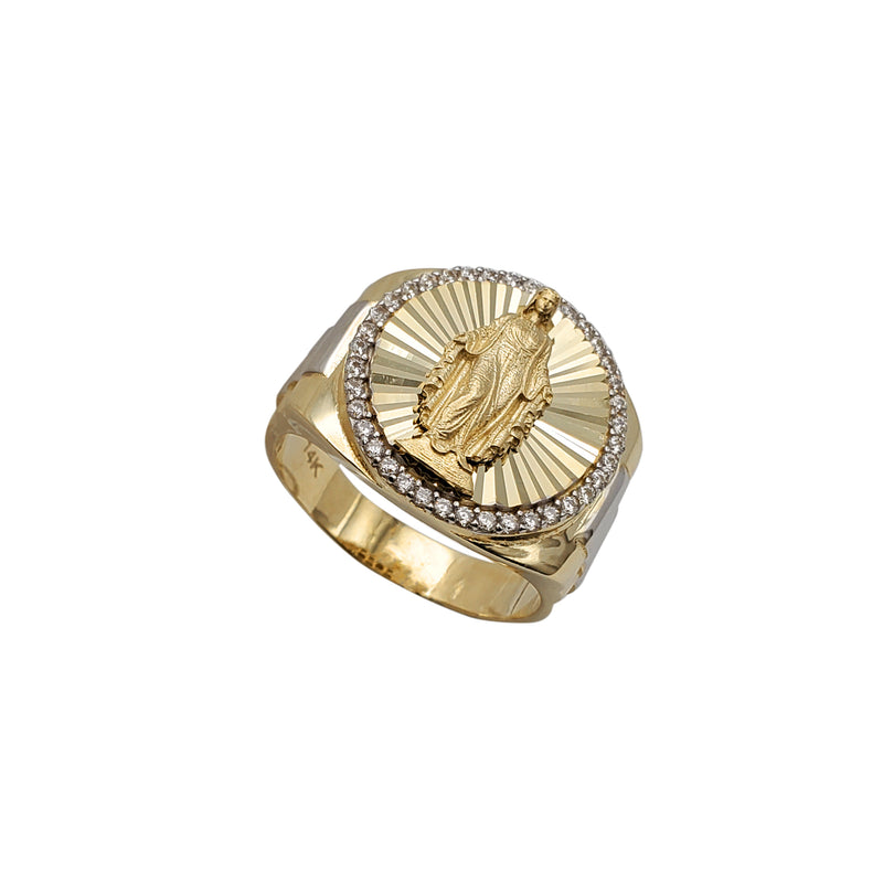 Zirconia Two-Tone Fluted Signet Virgin Mary Emblem Ring (14K)