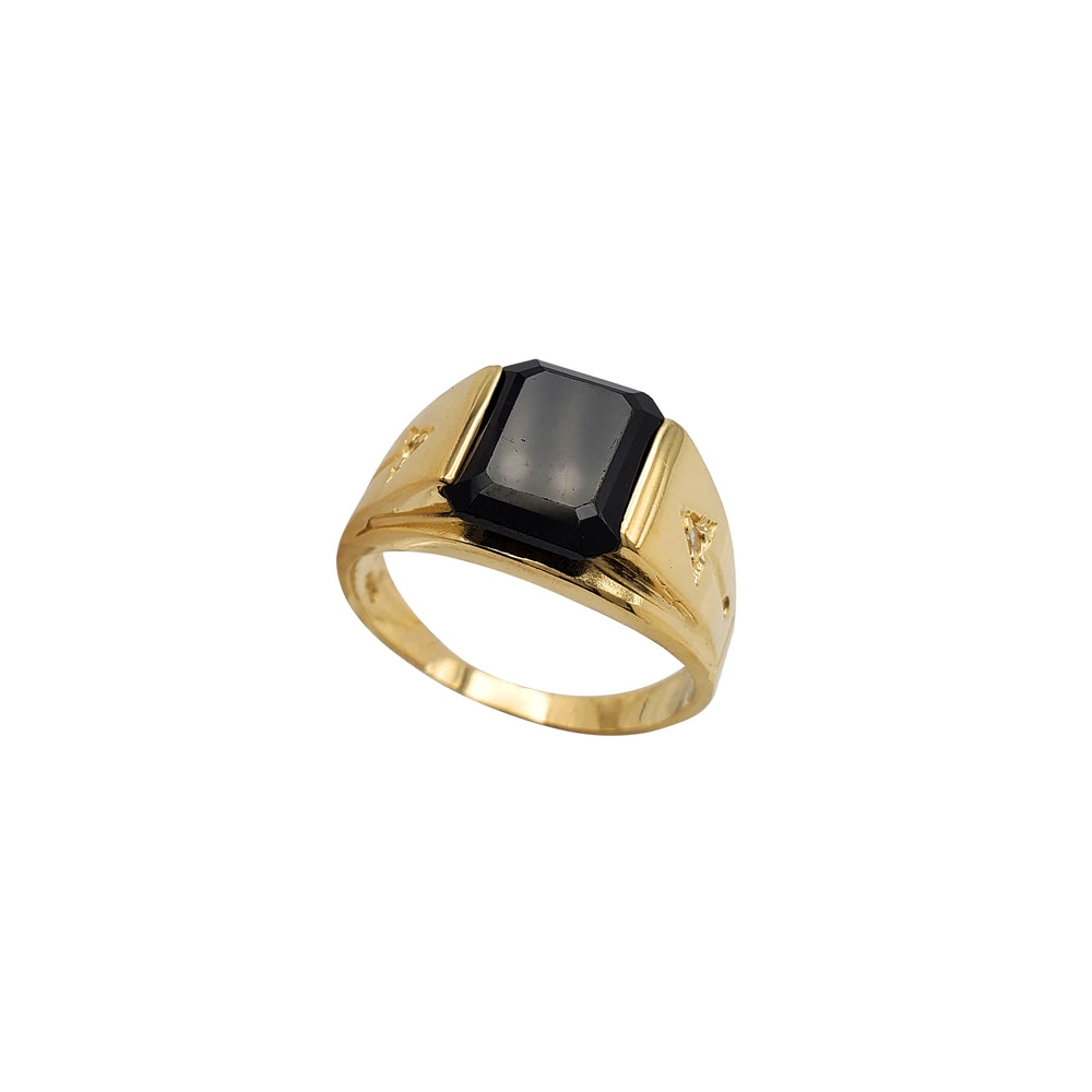 Zirconia Arrow Motif Black Onyx Half-Bezel Men's Ring (14K)