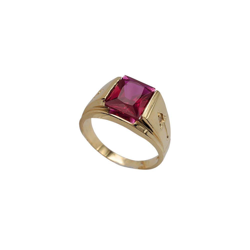Zirconia Arrow Motif Red Stone Half-Bezel Men's Ring (14K)