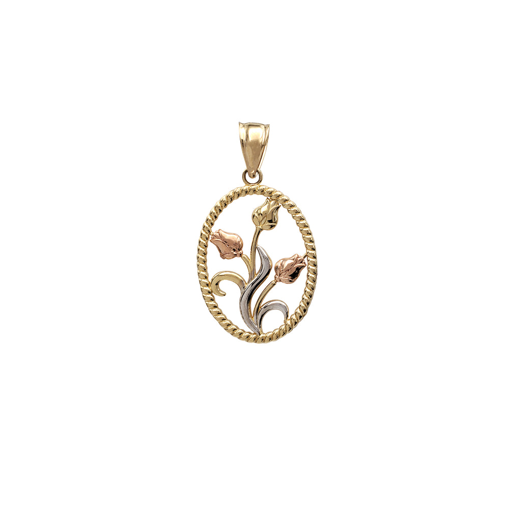Tricolor Roses Oval Rope Frame Pendant (14K)