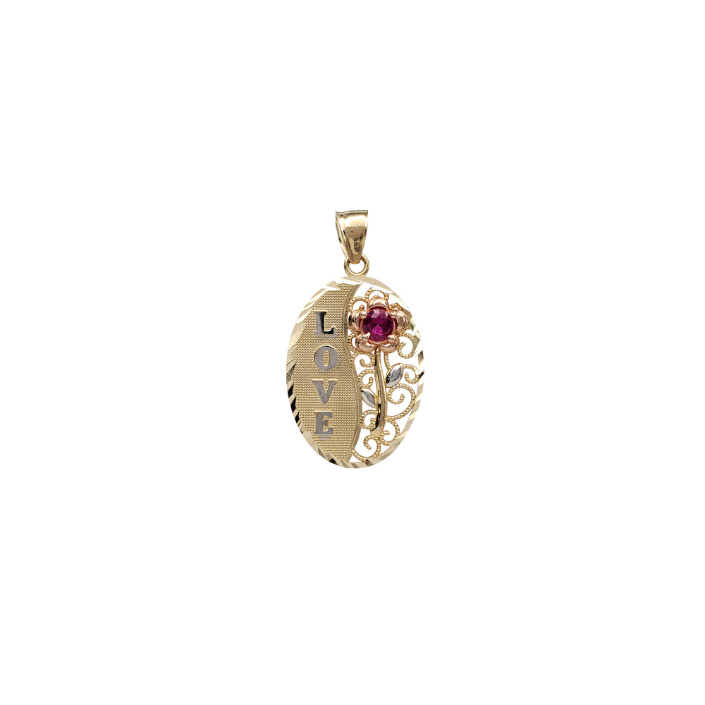 Zirconia Oval Love & Long Stem Rose Pendant (14K)