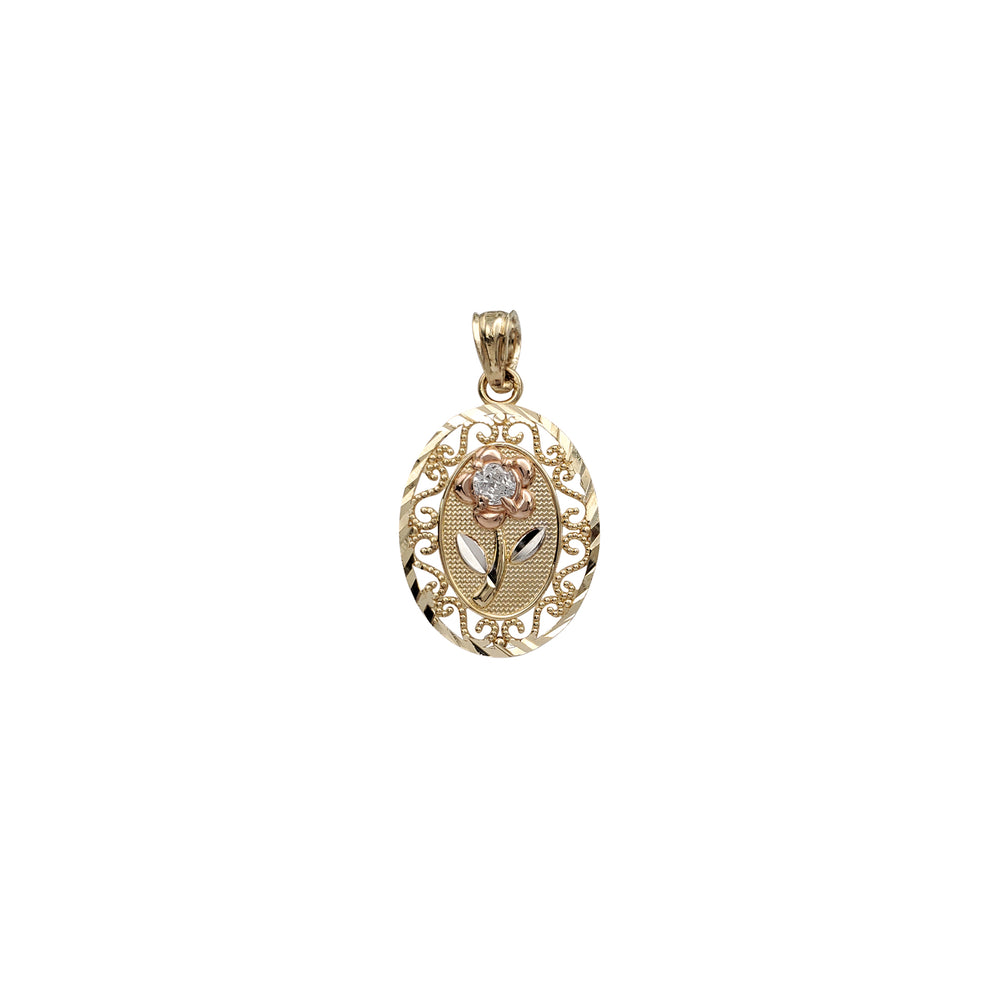 Zirconia Filigree Long Stem Rose Oval Pendant (14K)