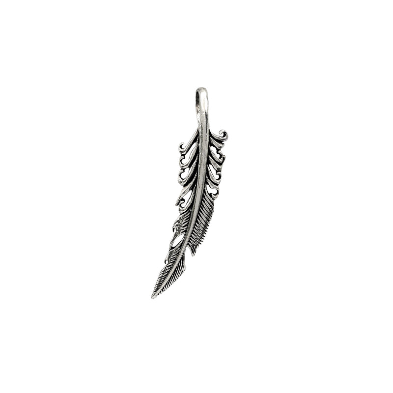 3-D Antique Finish Feather Plume Pendant (Silver)