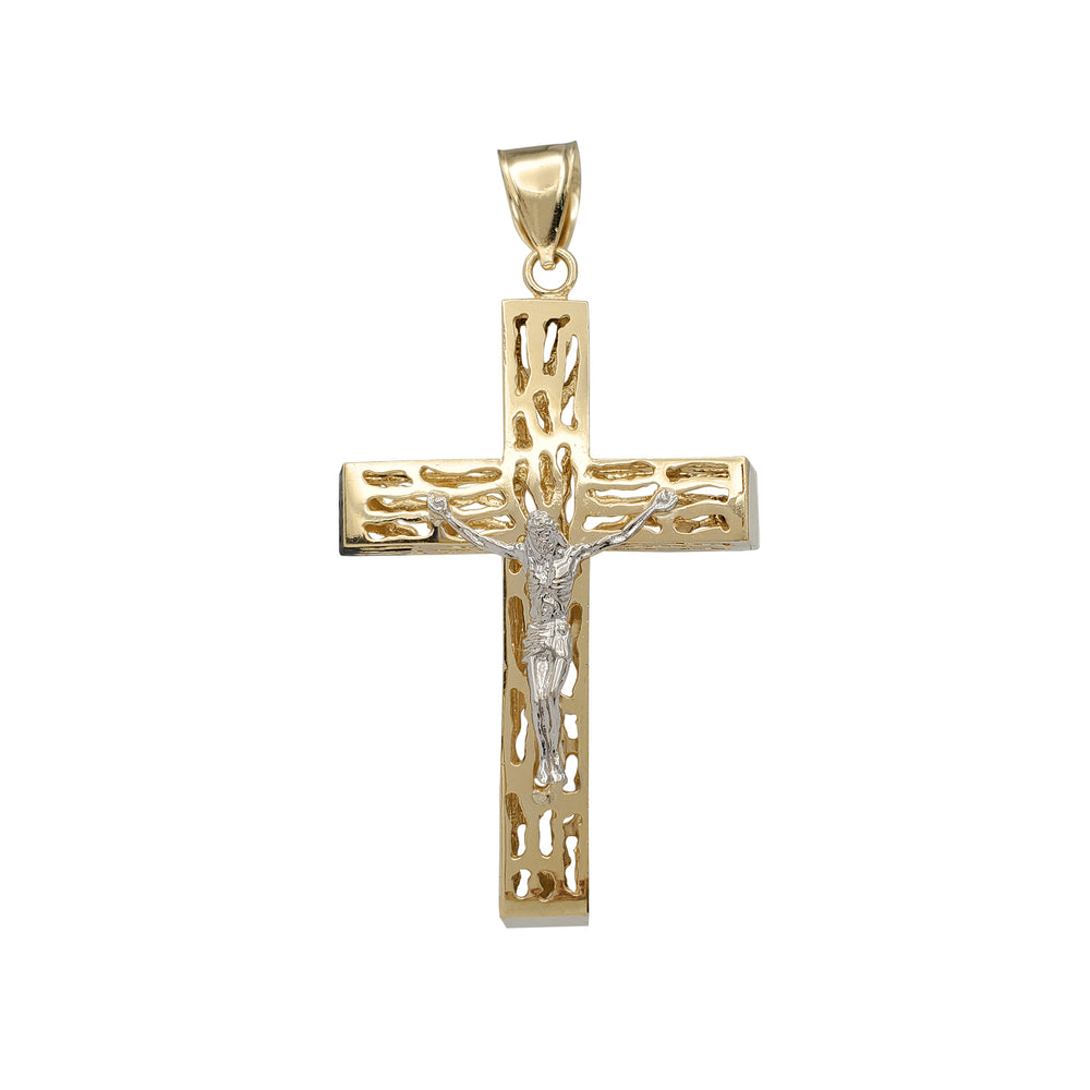 Two-Tone Wood Pattern Crucifix Cross Pendant (14K)