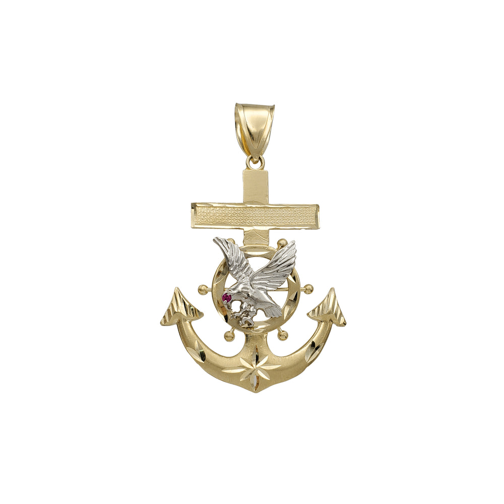 Two-Tone Matte & Diamond-Cut Eagle Anchor Pendant (14K)