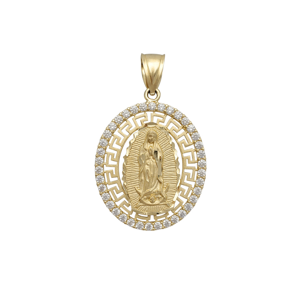 Zirconia Oval Greek-Key Halo Virgin Mary Pendant (14K)