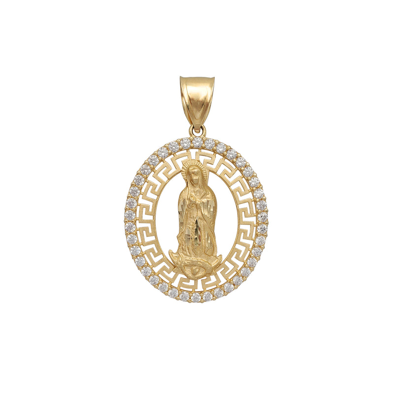 Zirconia Oval Greek-Key Virgin Mary Pendant (14K)