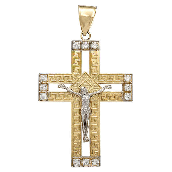 Zirconia Greek-Key Border Crucifix Pendant (10K)