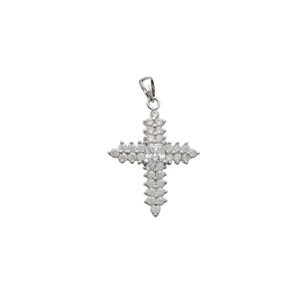 Zirconia Icy Sparkling 2-Rows Cross Pendant (Silver)