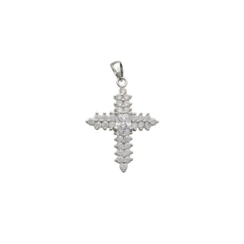 Zirconia Icy Sparkling 2-Rows Cross Pendant (Silver)