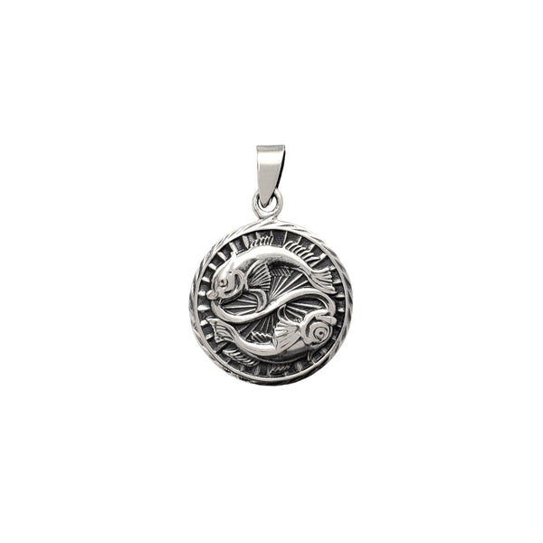 Antique Finish Pisces Zodiac Sign Round Pendant (Silver)