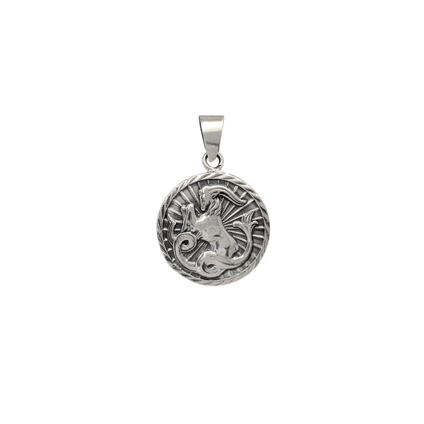 Antique Finish Capricorn Zodiac Sign Round Pendant (Silver)