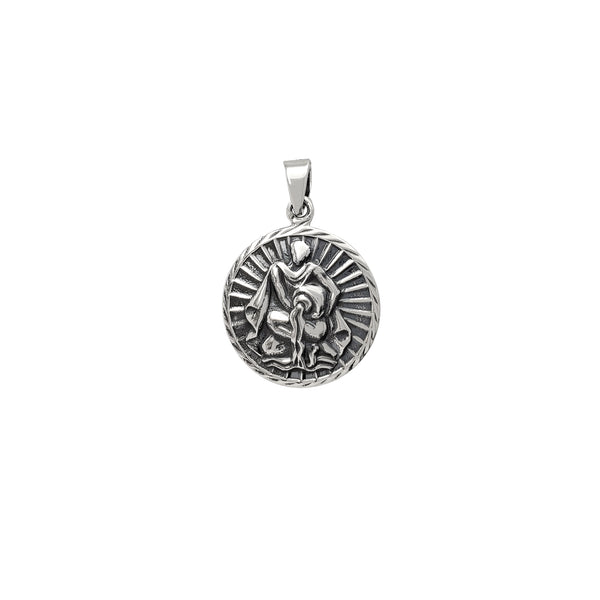 Antique Finish Aquarius Zodiac Sign Round Pendant (Silver)