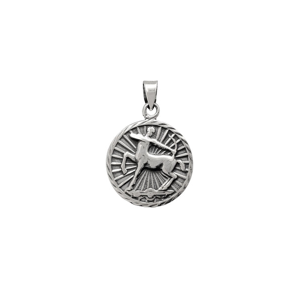 Antique Finish Sagittarius Zodiac Sign Round Pendant (Silver)