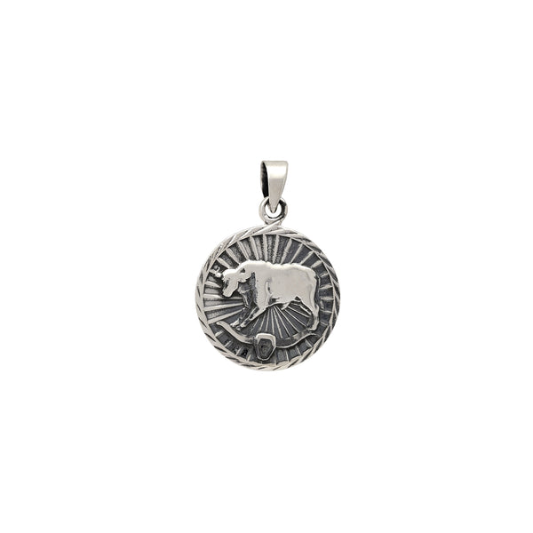 Antique Finish Taurus Zodiac Sign Round Pendant (Silver)