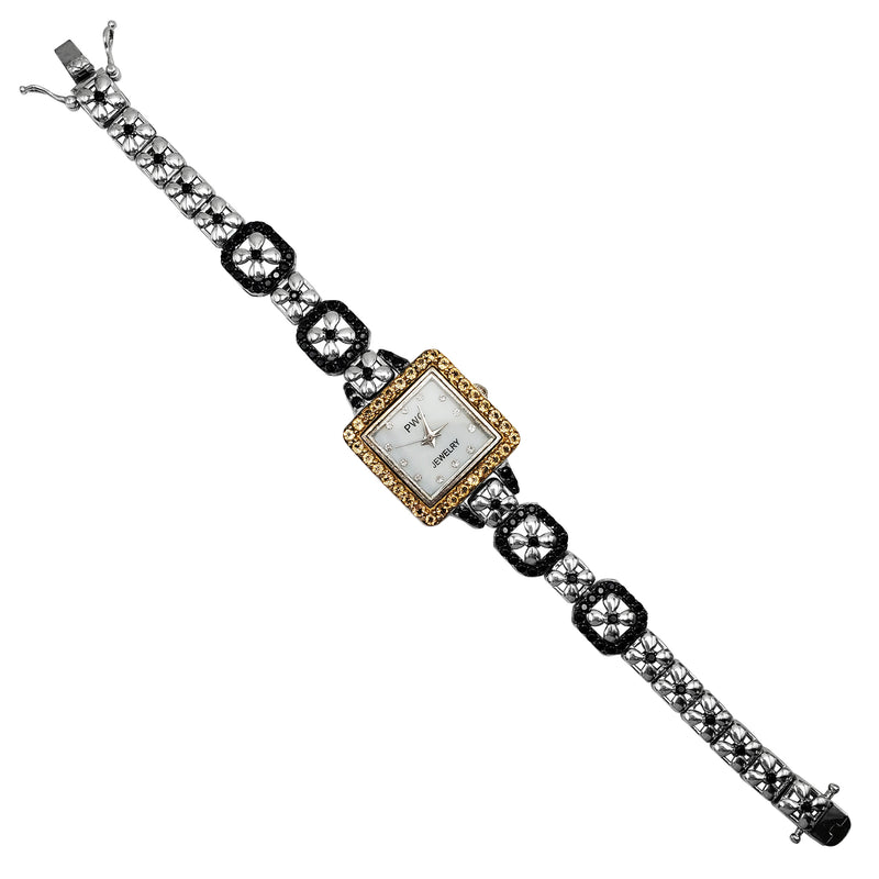 Garnet & Yellow Zirconia Square Watch (Silver)