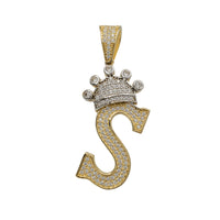 Two-Tone Icy Crowned Initial Letter Pendant (14K)