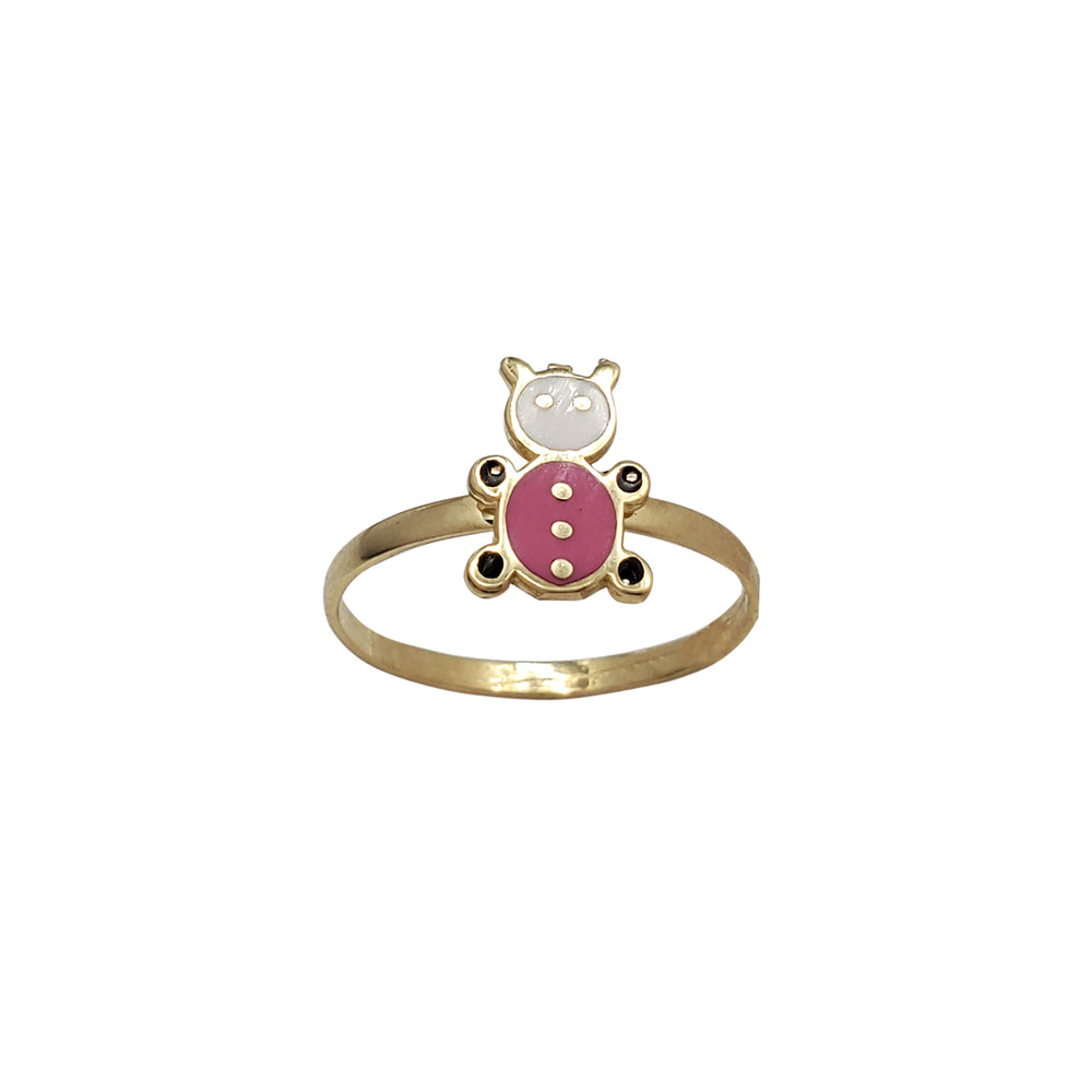 Enameled Pink & White Teddy Bear Ring (14K)