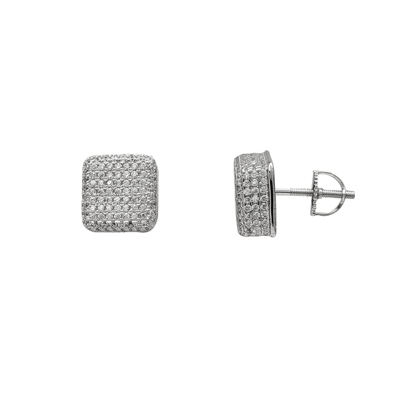 Zirconia Iced-Out Puffy Square Box Stud Earrings (Silver)