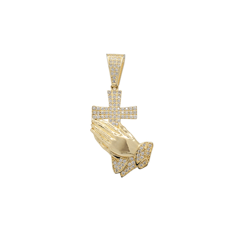Iced-Out Praying Hands w/ Cross Pendant (14K)