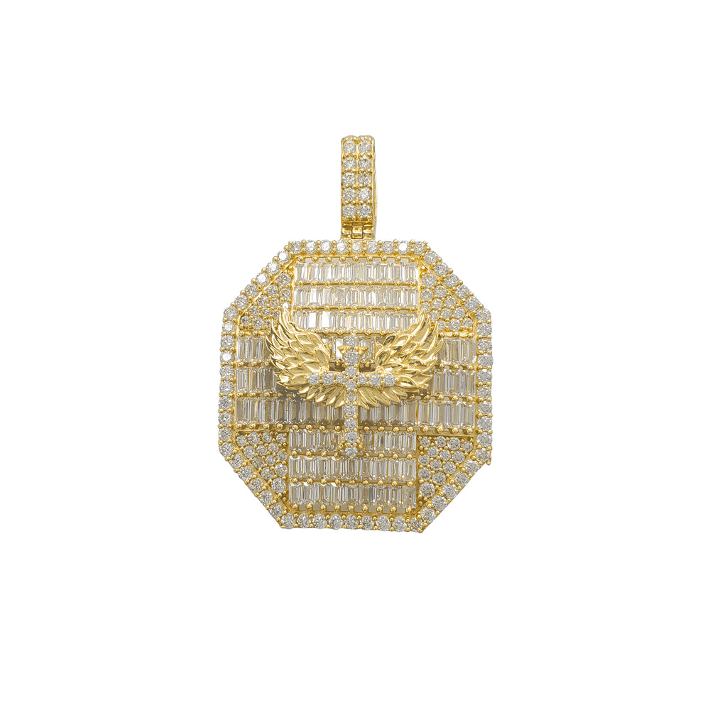 Zirconia Iced-Out Winged Cross Octagon Pendant (14K)