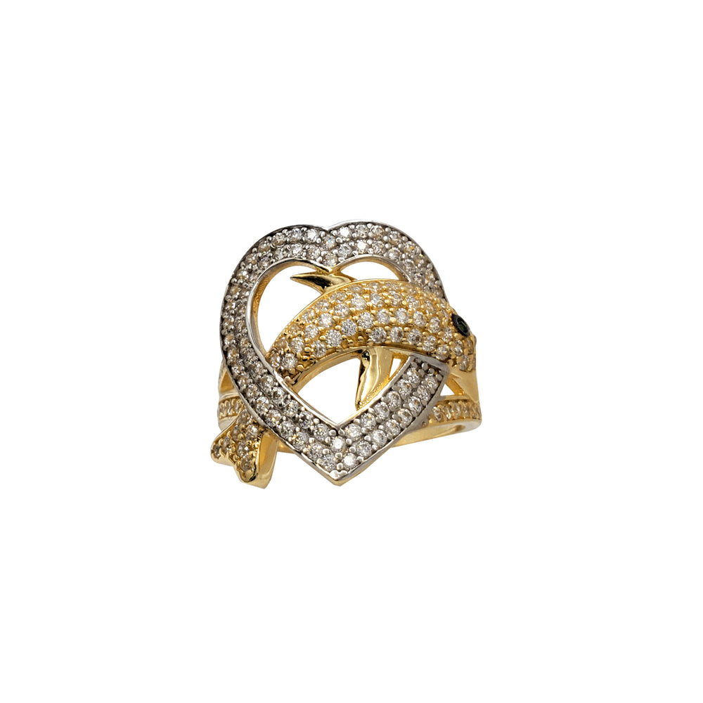 Pave Dolphin Jumping on Heart Hoop Ring (14K)