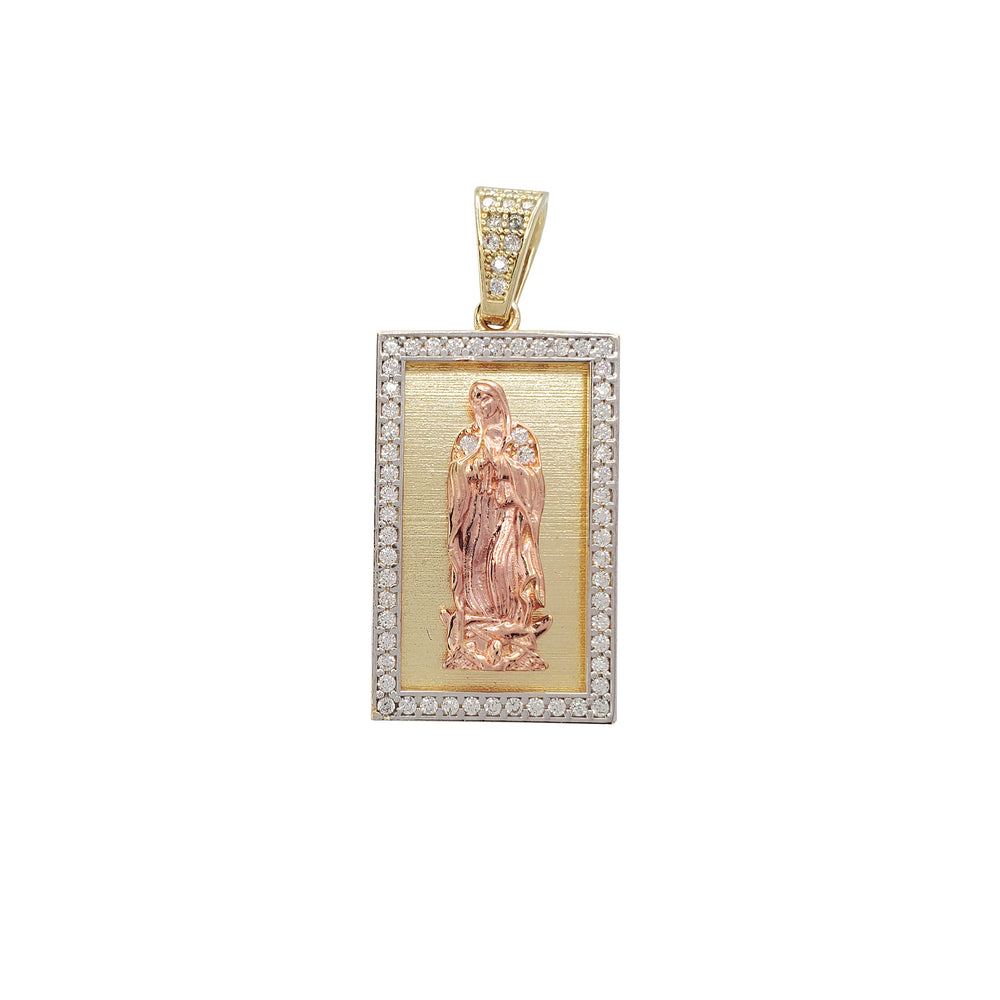 Tricolor CZ Virgin Mary Rectangle Pendant (14K)