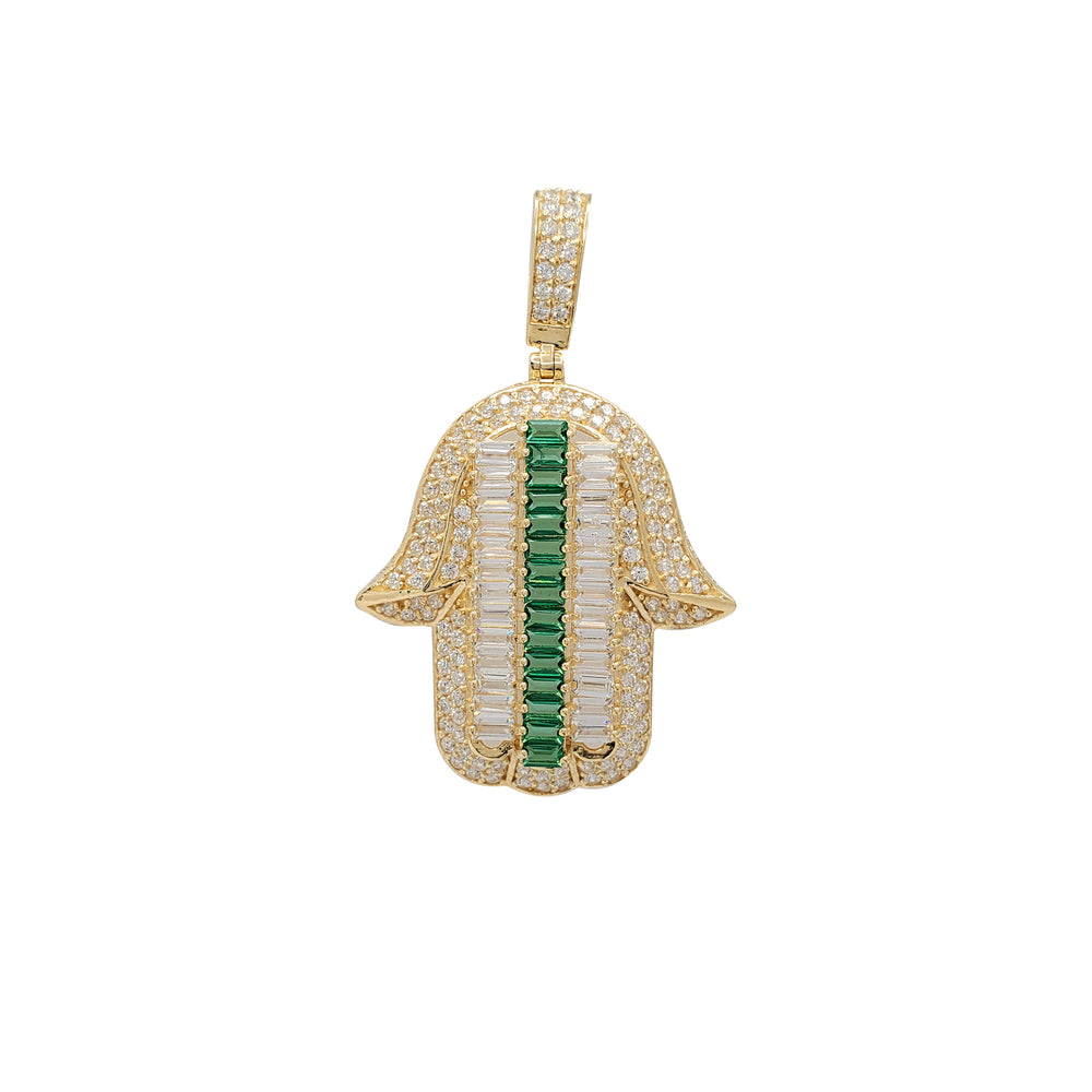 Icy Green Baguettes Hamsa Hand Pendant (14K)