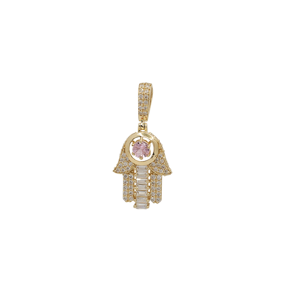 Icy Pink Bezel Hamsa Hand Pendant (14K)