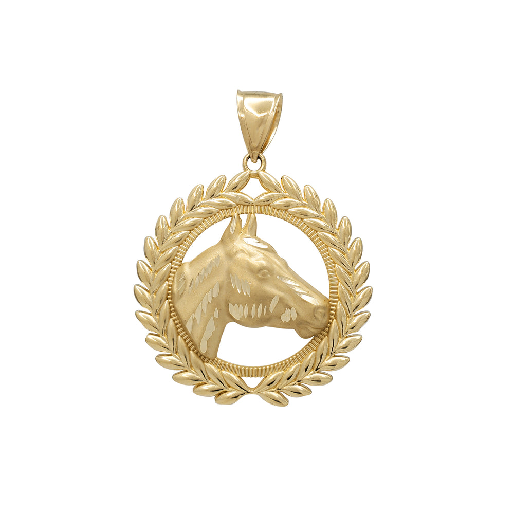 Satin Finish Horse Head Leaf Frame Pendant (14K)