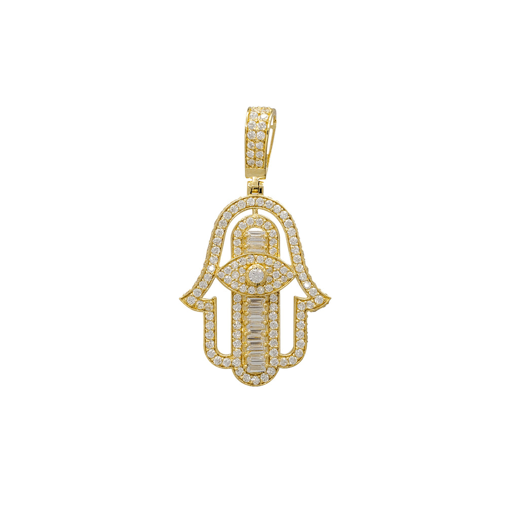 Zirconia Baguettes & Round Bezel Hamsa Hand Pendant (14K)