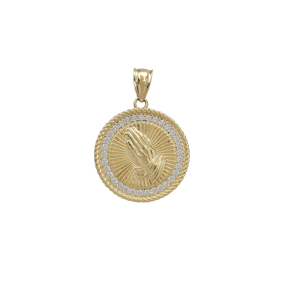 Zirconia Round Rope Frame Praying Hands Pendant (14K)
