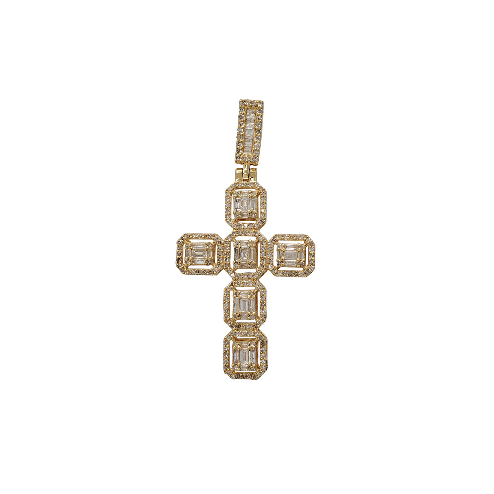 Diamond Iced-Out Baguettes & Round Cross Pendant (14K)