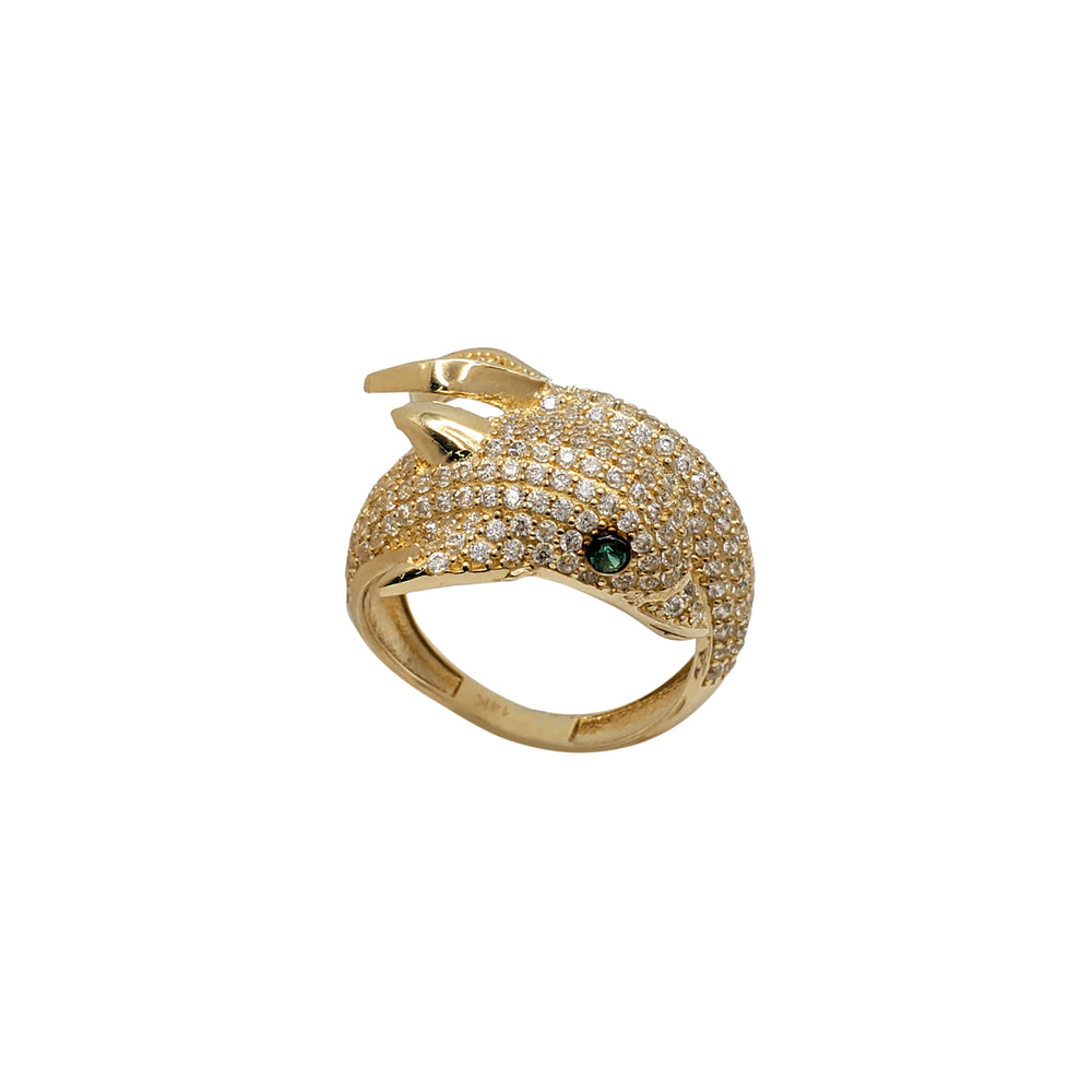 Iced-Out Green-Eyes Dolphin Ring (14K)