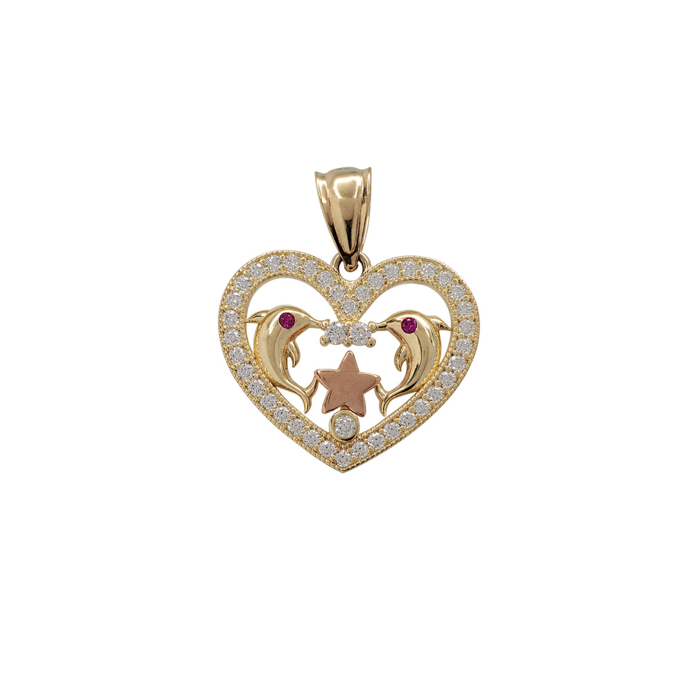 Zirconia Halo Heart Dolphins Pendant (14K)