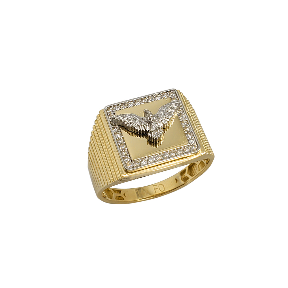 Zirconia Two-Tone Ridged Open Wings Eagle Ring (14K)