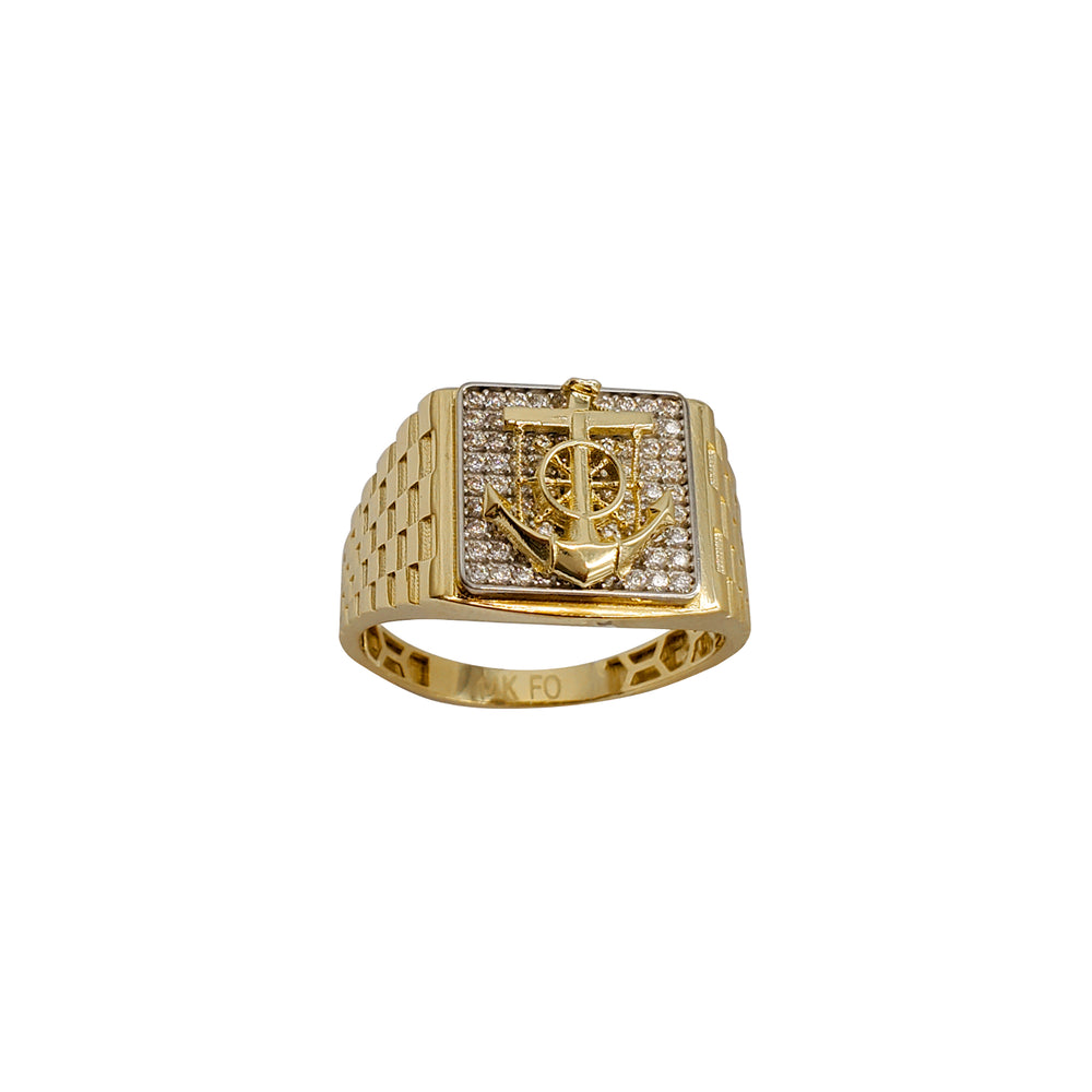Zirconia Two-Tone Anchor Men's Ring (14K)
