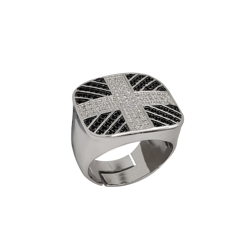 Iced-Out Black & White Square Signet Ring (Silver)