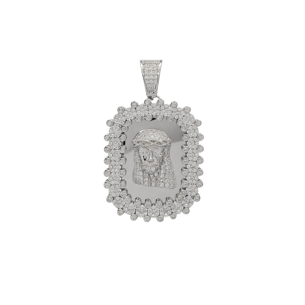Iced-Out Dog Tag Jesus Head Pendant (Silver)
