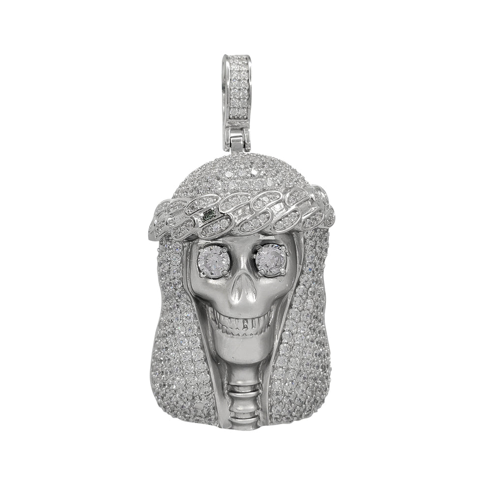 Iced-Out Skull Jesus Head Pendant (Silver)